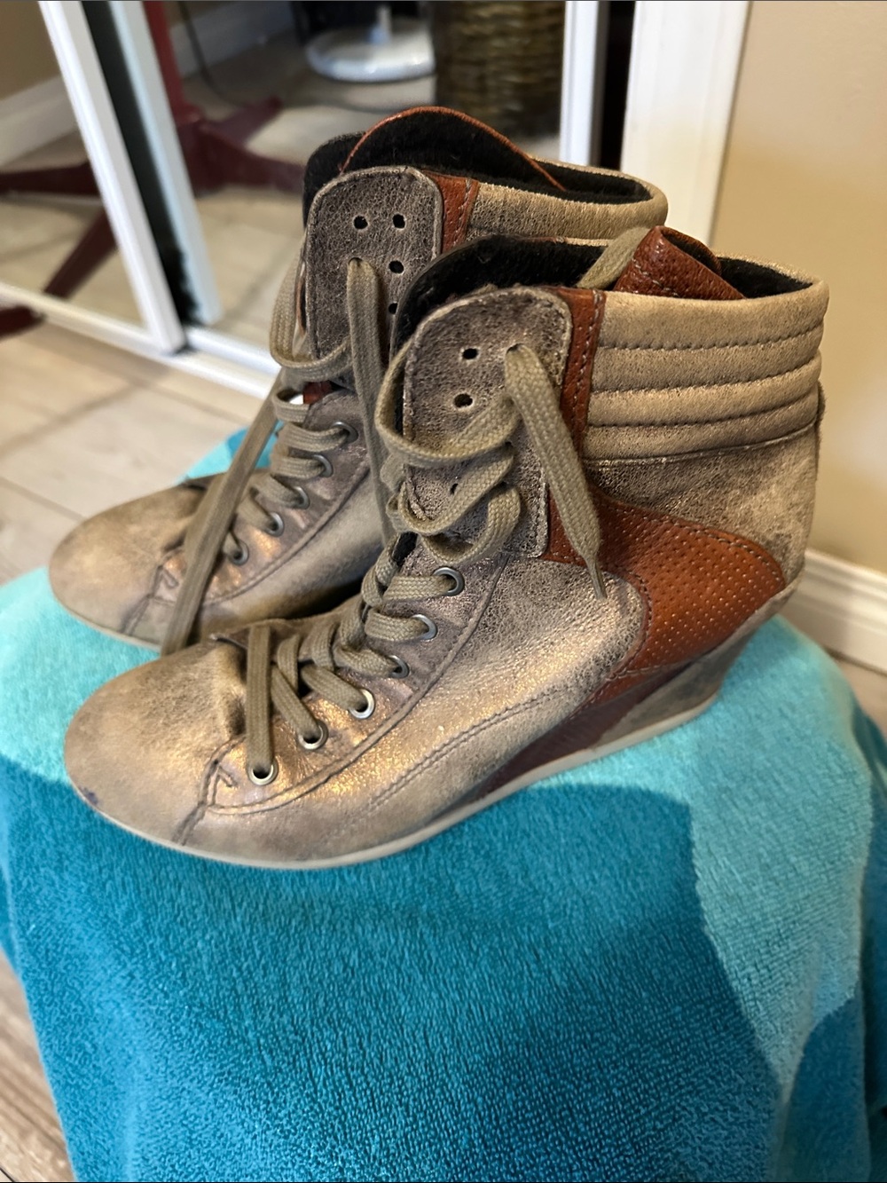 Wedge Sneaker Boots in Metallic Gray and Brown
